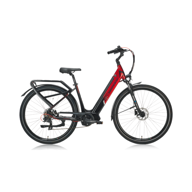 Bicicletă electrică de oraș Armony Trieste Rosu, Shimano 7v, autonomie 115 km, motor Oli 85 Nm, 576Wh, greutate 23 kg