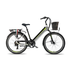 Bicicletă electrică de oraș Armony Riccione Evo Negru Gri Verde, Shimano 7v, autonomie 70 km, motor Bafang 250W, 460Wh, 24 kg