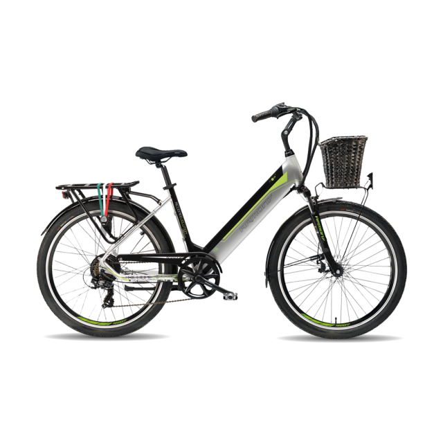 Bicicletă electrică de oraș Armony Riccione Evo Negru Gri Verde, Shimano 7v, autonomie 70 km, motor Bafang 250W, 460Wh, 24 kg